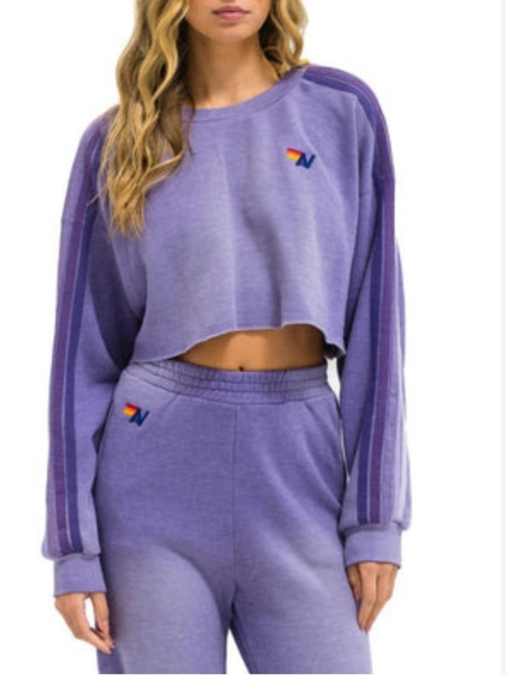 Aviator Nation- Stripe Cropped Crew Sweatshirt, Relaxed- faded grape, size M